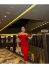 Kadın Madonna Yaka Sandy Kumaş Büzgü Detay Midi Boy Elbise