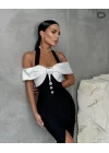 Kadın Madonna Yaka Tasarım Taş Ve Düğme Detay Dalgıç Kumaş Elbise