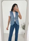 Kadın Mavi Boncuk İşlemeli Jean Yelek Pamuklu V Yaka Denim