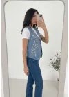 Kadın Mavi Boncuk İşlemeli Jean Yelek Pamuklu V Yaka Denim