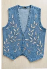 Kadın Mavi Boncuk İşlemeli Jean Yelek Pamuklu V Yaka Denim