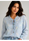 Kadın Mavi Çiçek Nakışlı Pamuklu Bluz Pinterest Bohem Gömlek