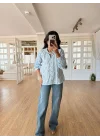 Kadın Mavi Çiçek Nakışlı Pamuklu Bluz Pinterest Bohem Gömlek