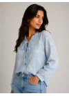 Kadın Mavi Çiçek Nakışlı Pamuklu Bluz Pinterest Bohem Gömlek