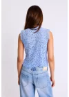 Kadın Mavi Dik Yaka Dantelli Çin Düğmeli Bohem Yelek Crop Bluz