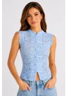 Kadın Mavi Dik Yaka Dantelli Çin Düğmeli Bohem Yelek Crop Bluz