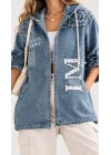 Kadın Mavi Kot Baskılı İnci Detaylı Kapüşonlu Oversize Denim Ceket Kimono