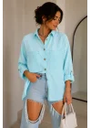 Kadın Mavi Pamuklu Keten Çift Cepli Ahşap Düğme Pinterest Oversize Gömlek