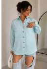 Kadın Mavi Pamuklu Keten Çift Cepli Ahşap Düğme Pinterest Oversize Gömlek