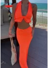 Kadın Mayo Kumaş Bağlamalı Crop Ve Maxi Boy Etek Ikili Takım