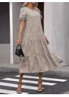 Kadın Mini Leopar Desen Midi üç Kat Elbise
