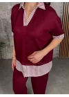Kadın Modal Kumaş çizgili Gömlek Yaka Ikili Takım