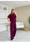 Kadın Modal Kumaş V Yaka Tişört Ve Bol Kesim Pantolon Ikili Takım