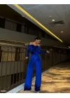 Kadın Modanna Yaka Zincir Askı Detay Kemer Dahil Kadife Kumaş Tulum