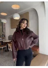 Kadın Mürdüm Gömlek Yaka Oversize Düşük Omuz Vegan Deri Mont Ceket