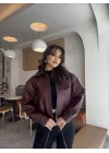 Kadın Mürdüm Gömlek Yaka Oversize Düşük Omuz Vegan Deri Mont Ceket