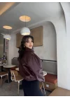 Kadın Mürdüm Gömlek Yaka Oversize Düşük Omuz Vegan Deri Mont Ceket
