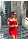 Kadın Omuz Askılı File Kumaş Likralı Mini Elbise