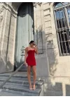 Kadın Omuz Askılı File Kumaş Likralı Mini Elbise