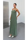 Kadın Omuz Askılı Kuş Gözü Zincir Detay Sandy Kumaş Maxi Boy Elbise