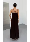 Kadın Omuz Askılı Kuş Gözü Zincir Detay Sandy Kumaş Maxi Boy Elbise