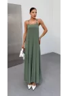 Kadın Omuz Askılı Kuş Gözü Zincir Detay Sandy Kumaş Maxi Boy Elbise
