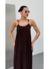 Kadın Omuz Askılı Kuş Gözü Zincir Detay Sandy Kumaş Maxi Boy Elbise