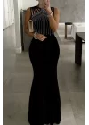 Kadın Omuz çoklu Askılı önü Taş Işlemeli Balık Kesim Janjan Krep Maxi Boy Elbise