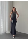 Kadın Omuz çoklu Askılı önü Taş Işlemeli Balık Kesim Janjan Krep Maxi Boy Elbise