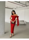 Kadın Omuz Dekolte Kurdele Detay Uzun Krep Elbise