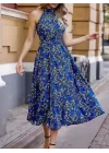 Kadın Omuzlardan Açık Daire Yaka Desenli Maxi Süprem Elbise