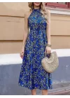 Kadın Omuzlardan Açık Daire Yaka Desenli Maxi Süprem Elbise