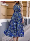 Kadın Omuzlardan Açık Daire Yaka Desenli Maxi Süprem Elbise