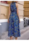 Kadın Omuzlardan Açık Daire Yaka Desenli Maxi Süprem Elbise