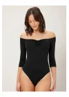 Kadın Siyah Madonna Yaka Çift Katlı Sandy Kumaş Çıtçıtlı Bodysuit