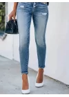 Kadın önü Düğmeli Eskitme Slim Fit Kot Pantolon