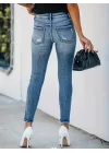 Kadın önü Düğmeli Eskitme Slim Fit Kot Pantolon