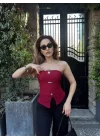 Kadın Ottoman Kumaş Düğme Detaylı Büstiyer Crop