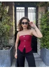 Kadın Ottoman Kumaş Düğme Detaylı Büstiyer Crop
