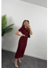 Kadın Ottoman Kumaş Likralı Düğme Tasarımlı Kısa Kol Kalem Elbise