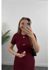 Kadın Ottoman Kumaş Likralı Düğme Tasarımlı Kısa Kol Kalem Elbise