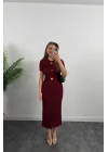 Kadın Ottoman Kumaş Likralı Düğme Tasarımlı Kısa Kol Kalem Elbise