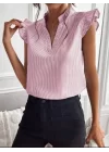 Kadın Pamuk Polyester Kumaş V Yaka Omuzu Fırfırlı Bluz