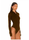 MetuCa Kadın Kahverengi Dik Yaka Fermuarlı Uzun Kollu Parmak Geçmeli Sandy Kumaş Bodysuit Zıbın