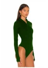 MetuCa Kadın Yeşil Dik Yaka Fermuarlı Uzun Kollu Parmak Geçmeli Sandy Kumaş Bodysuit Zıbın