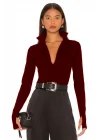 MetuCa Kadın Bordo Dik Yaka Fermuarlı Uzun Kollu Parmak Geçmeli Sandy Kumaş Bodysuit Zıbın