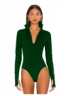 MetuCa Kadın Yeşil Dik Yaka Fermuarlı Uzun Kollu Parmak Geçmeli Sandy Kumaş Bodysuit Zıbın
