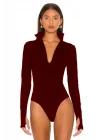 MetuCa Kadın Bordo Dik Yaka Fermuarlı Uzun Kollu Parmak Geçmeli Sandy Kumaş Bodysuit Zıbın