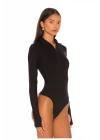MetuCa Kadın Siyah Dik Yaka Fermuarlı Uzun Kollu Parmak Geçmeli Sandy Kumaş Bodysuit Zıbın
