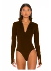 MetuCa Kadın Kahverengi Dik Yaka Fermuarlı Uzun Kollu Parmak Geçmeli Sandy Kumaş Bodysuit Zıbın
